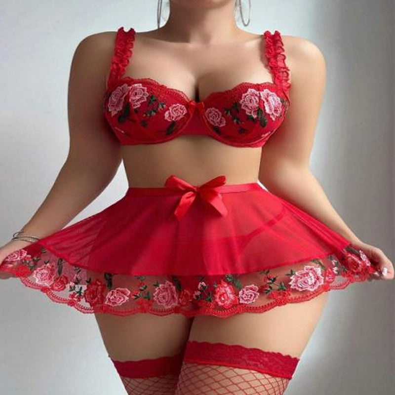 Fanny - Red Floral Set with Skirt and Lace