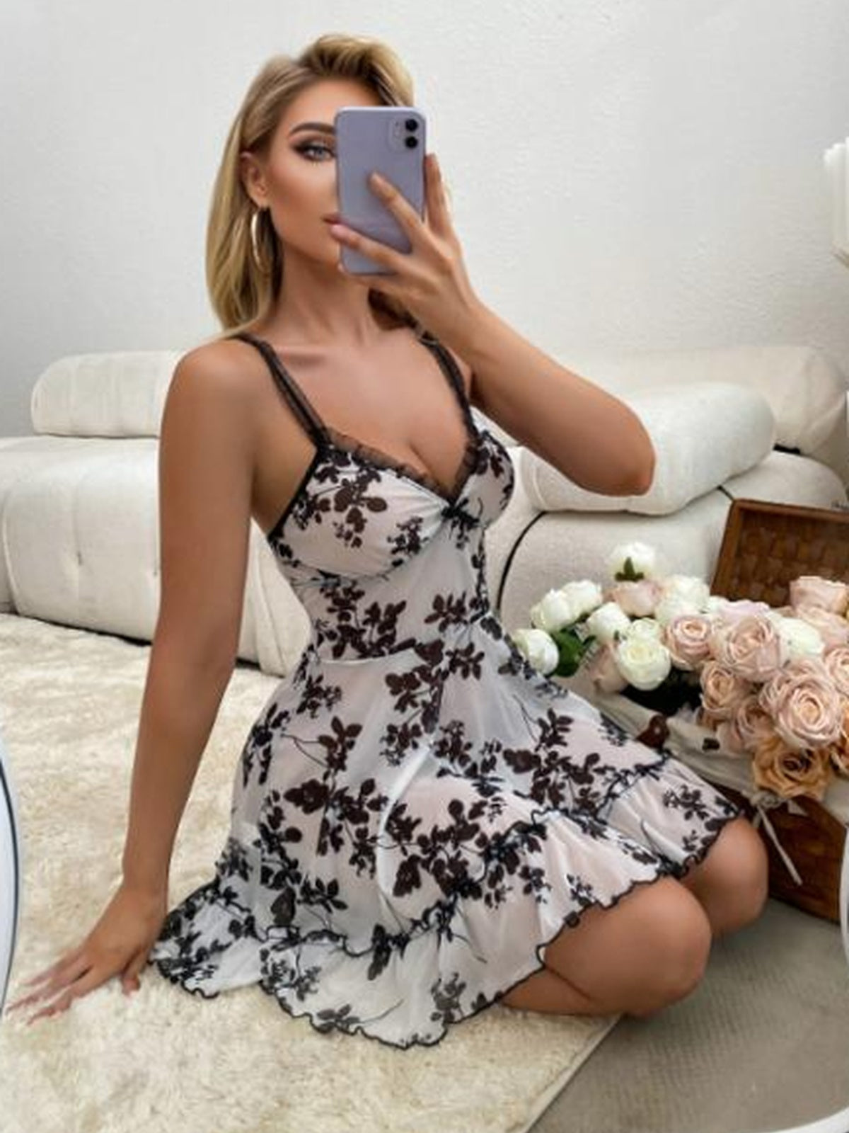 Margareth - Black and White Floral Nightie