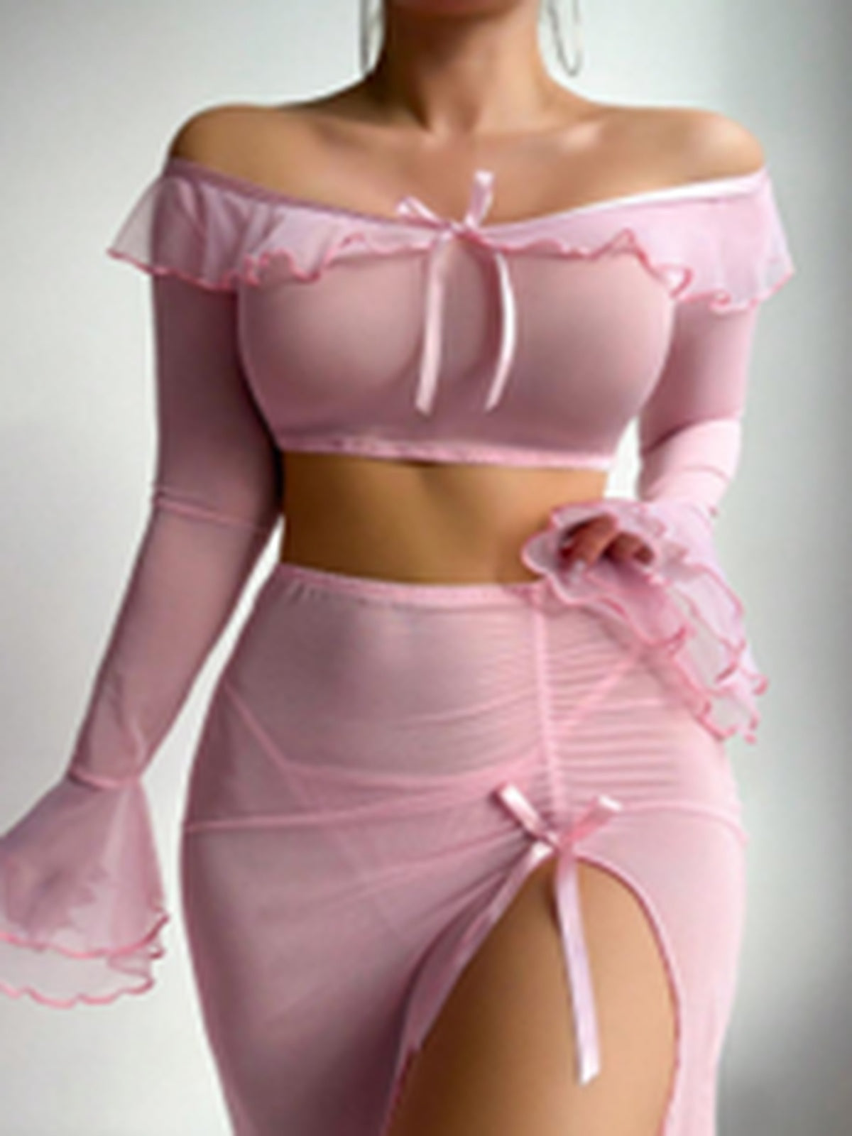 Bella - Rosa Langarm-Top-Set - Tanga - Langer Rock