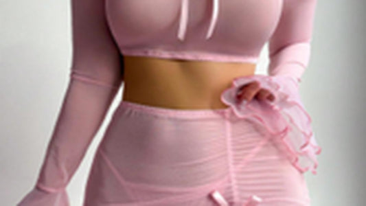 Bella - Rosa Langarm-Top-Set - Tanga - Langer Rock