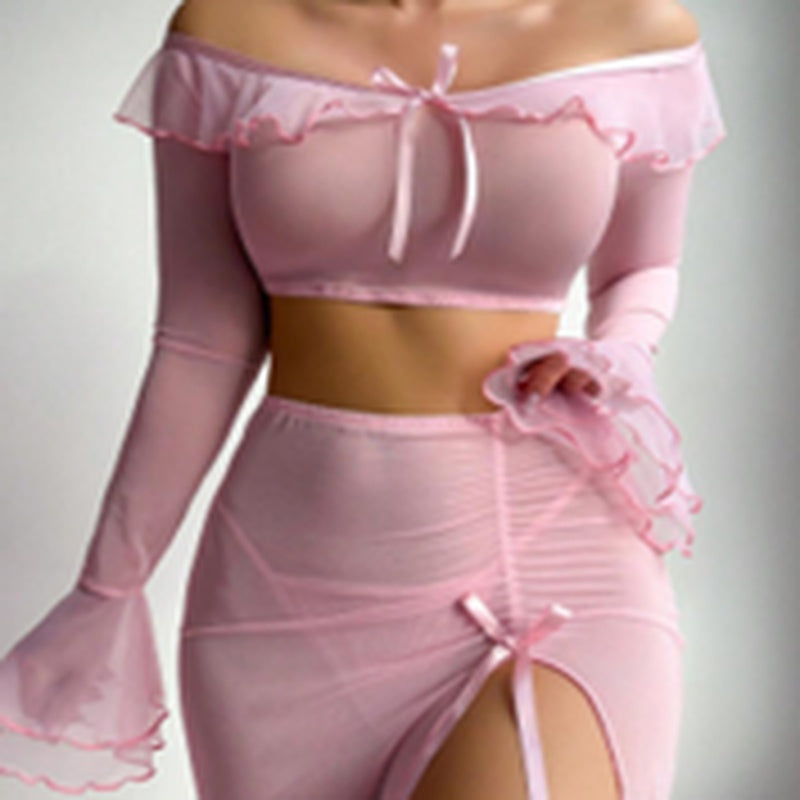 Bella - Rosa Langarm-Top-Set - Tanga - Langer Rock