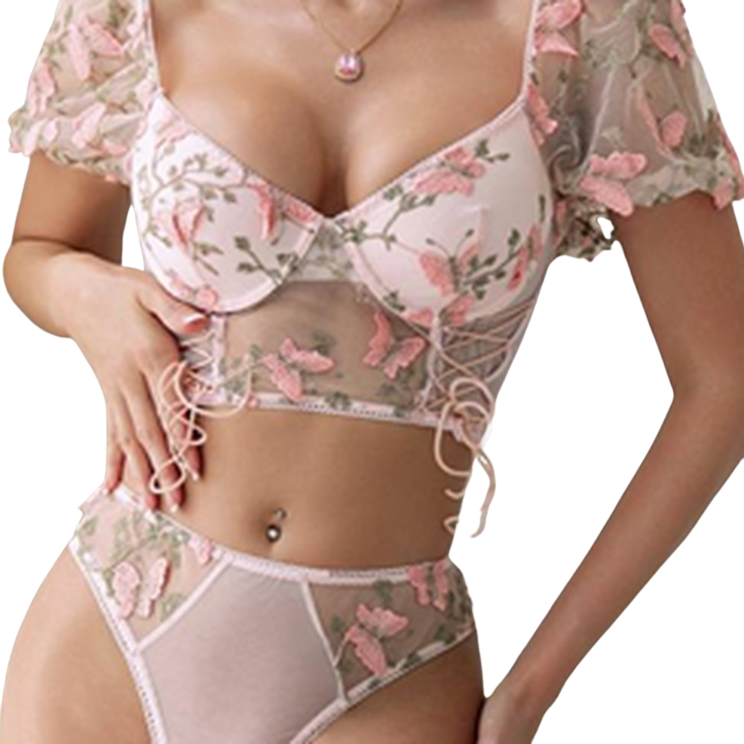 Julia - Bra Set with Sleeves
 - String - Pink Embroidered Butterflies