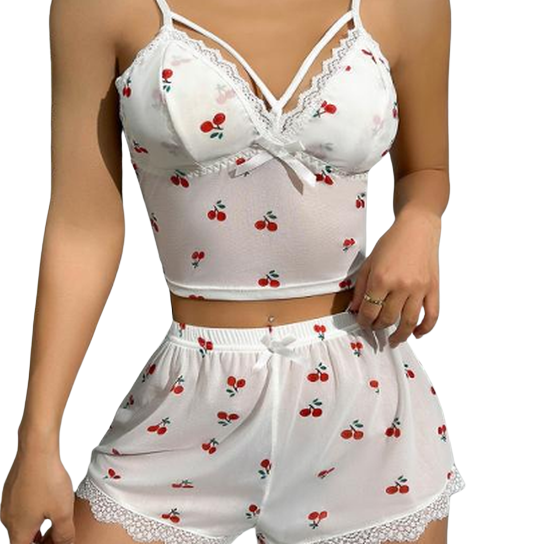 Lola - Delicate pajamas set with white strappy top and shorts