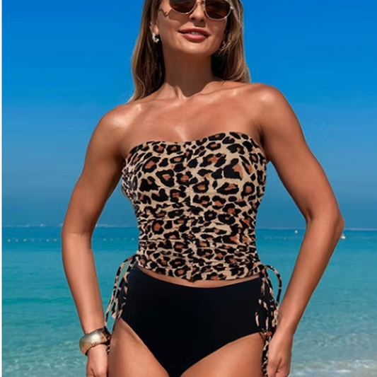 Volga - Leoparden-Bustier-Badeanzug, schwarzes Höschen